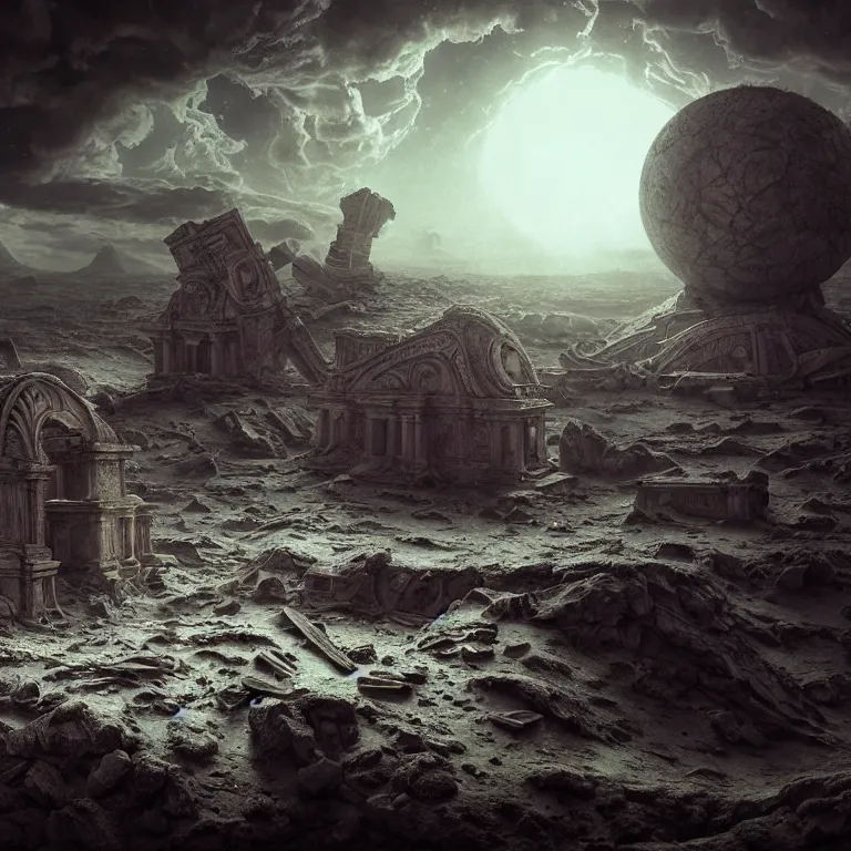 Prompt: surreal ancient alien abandoned temple on exoplanet, wrecked technology, dark clouds, surreal abandoned buildings, dream-like heavy atmosphere, baroque painting, beautiful detailed intricate insanely detailed octane render trending on Artstation, 8K artistic photography, photorealistic, dramatic volumetric cinematic light, chiaroscuro, Raphael, Caravaggio, Beksinski, Giger
