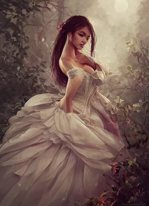 Prompt: a beautiful woman in an elaborate ballgown. beautiful highly detailed face. painting by artgerm and greg rutkowski and magali villanueve.
