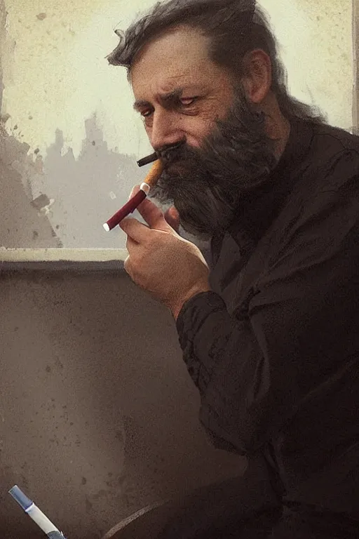 Image similar to portrait of a middle - aged writer with a beard, he is smoking a cigarette, style of greg rutkowski