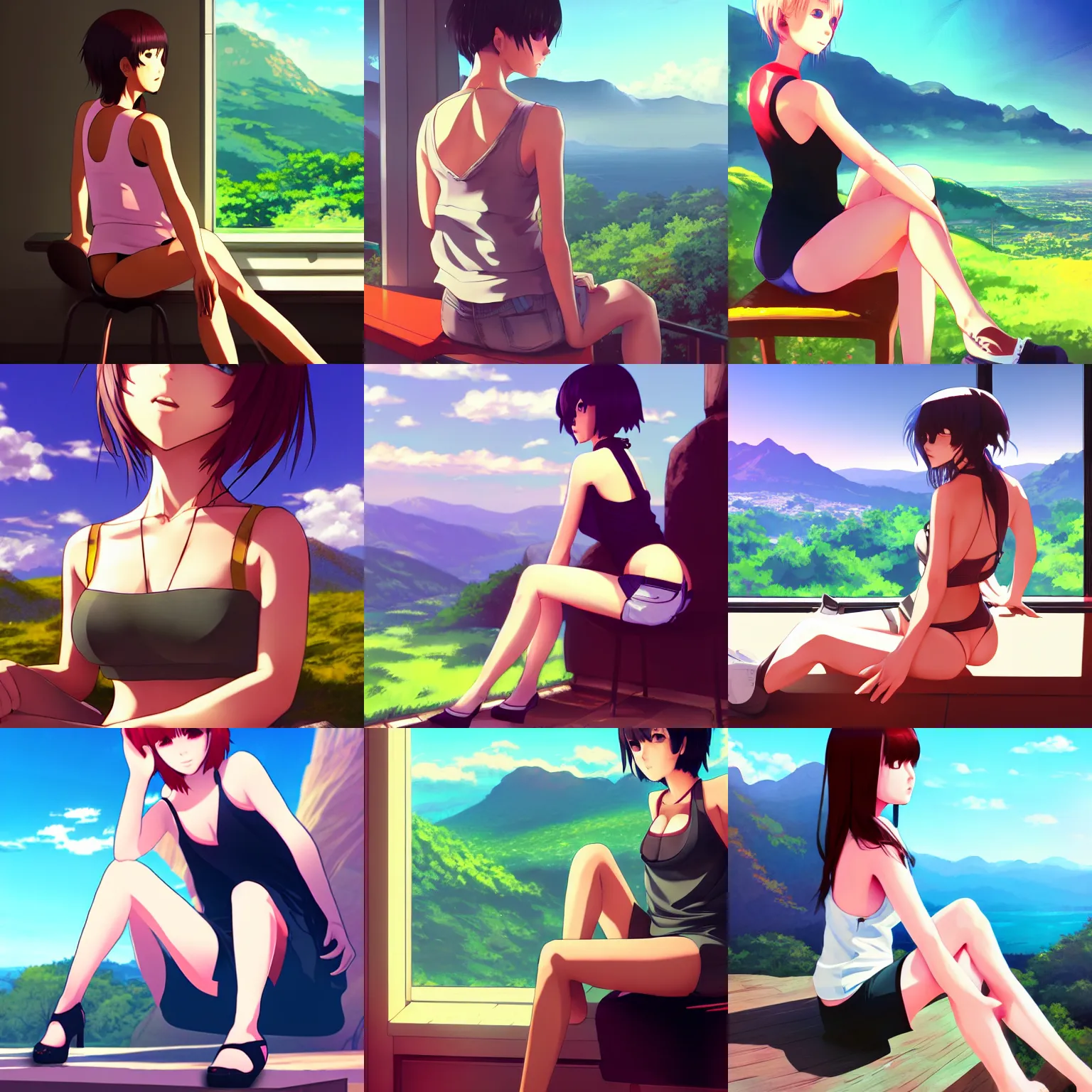 Prompt: sexy girl wearing a low cut tanktop, sitting on a chair, artstyle : high definition anime and ilya kuvshinov, scenic view, mountain landscape