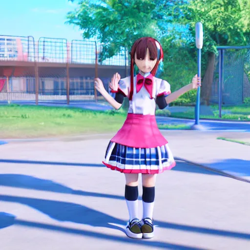 Prompt: cute anime elementary school girl playing on playground, unreal engine rendering, 4k