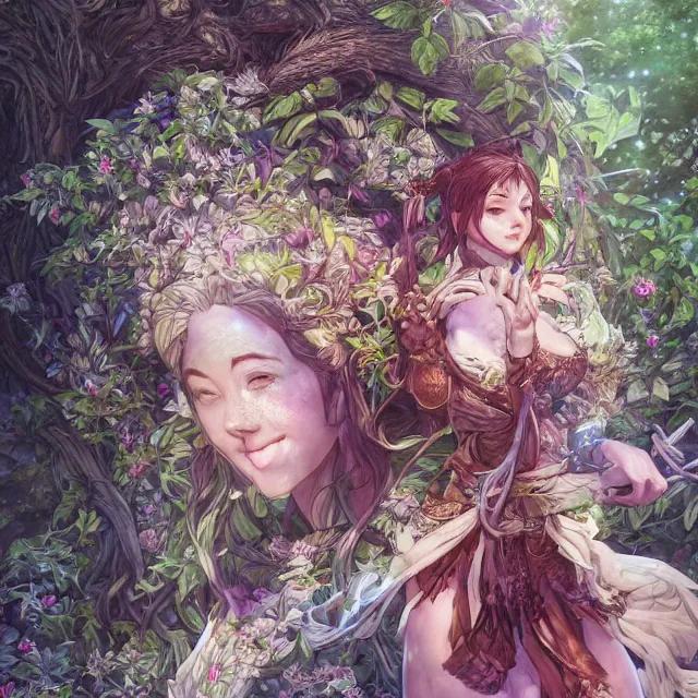 Image similar to the portrait of chaotic good female druid botanist as absurdly beautiful, gorgeous, elegant, young gravure idol, an ultrafine hyperdetailed illustration by kim jung gi, irakli nadar, intricate linework, sharp focus, bright colors, octopath traveler, final fantasy, unreal engine 5 highly rendered, global illumination, radiant light, detailed and intricate environment