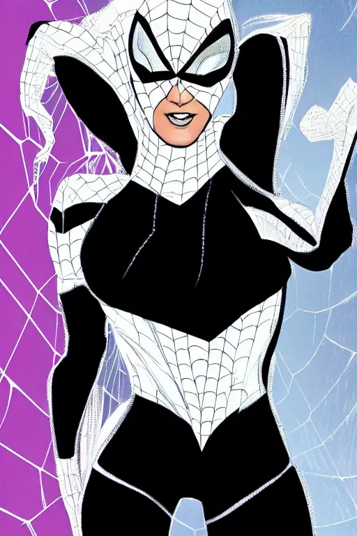 Image similar to a portrait of samantha fox as spider gwen,, single head, no double head,