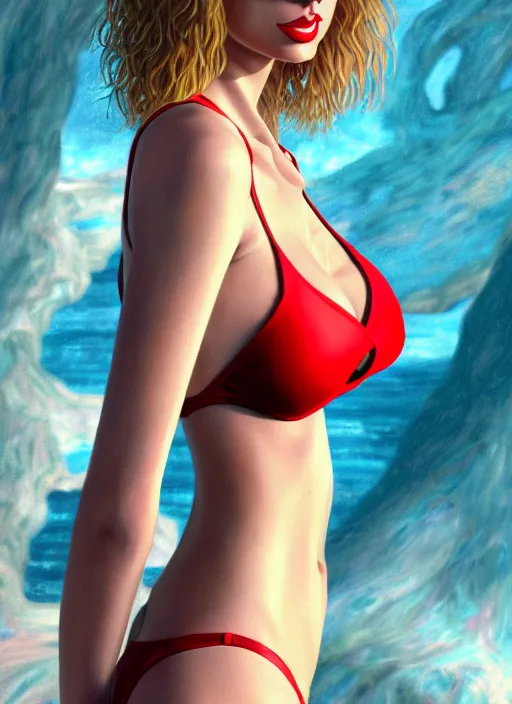 Image similar to 3 / 4 view of a portrait of taylor swift wears compact alluring bikini, evangelion, au naturel, hyper detailed, digital art, trending in artstation, cinematic lighting, studio quality, frostbite 3 engine rendered, octane render, art style by klimt and nixeu and ian sprigger and wlop and krenz cushart