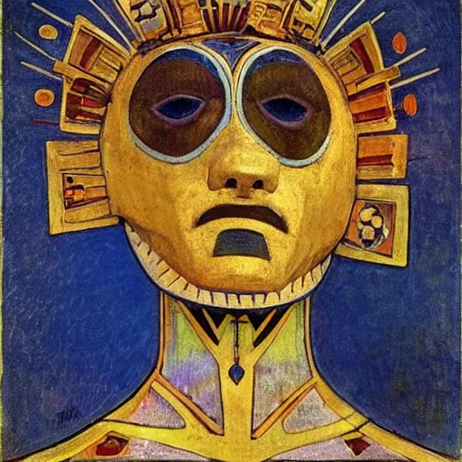 Prompt: head of a beautiful machine shaman wearing a mask made of metal flowers, by annie swynnerton and nicholas roerich and jean delville and john watkiss, art deco shaman, stylized geometric flowers, art brut, symbolist, dramatic lighting, god rays, iridescent beetles, clean crisp graphics, smooth sharp focus, extremely detailed, adolf wolfli