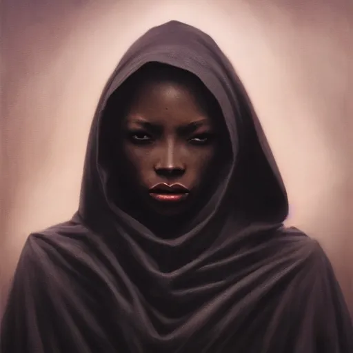 Image similar to a portrait of a young black woman wearing a long dark cloak, hood and shadows covering face, anatomically correct, beautiful perfect face, enigmatic, oil painting, matte painting, black background, Volumetric dynamic lighting, Highly Detailed, Cinematic Lighting, Unreal Engine, 8k, HD, by Beksinski