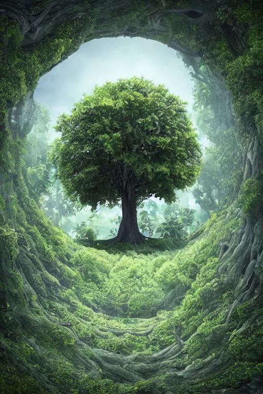 Image similar to the big soul tree of the earth, perfect symmetry, circular base surrounding grand tree, cinematic, intricate detail, small details, high resolution, 3 d, volumetric lighting, octane render, 8 k, photorealistic