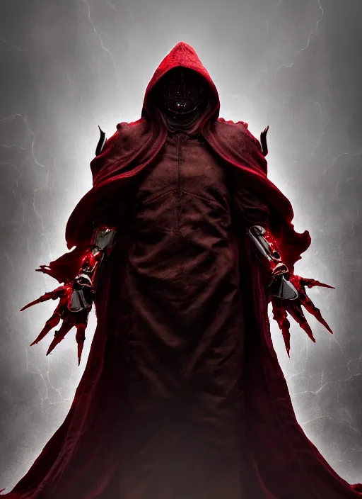 Prompt: character design, biomechanical arcanist, tattered robe and hood, red lightning, fog, scary, arrogant, hostile, photorealistic, cinematic, hyper realistic, octane render, 8 k, wide angle