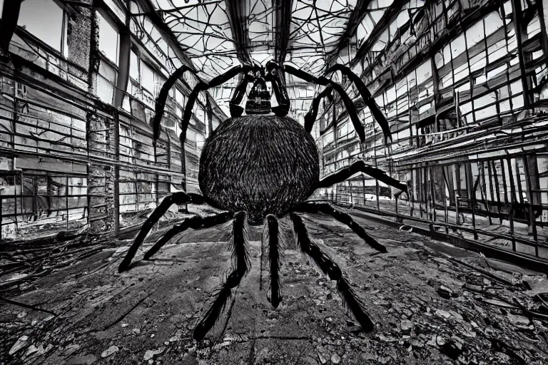 Image similar to a giant spider in an abandoned industrial complex, intricate details, cinematic, wide angle