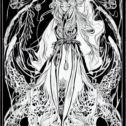 Prompt: black and white pen and ink!!!!!!! sorcerer beautiful attractive long hair Zoë Kravitz wearing High Royal flower print robes flaming!!!! final form flowing ritual royal!!! Contemplative stance Vagabond!!!!!!!! floating magic witch!!!! glides through a beautiful!!!!!!! Camellia!!!! Tsubaki!!! death-flower!!!! battlefield behind!!!! dramatic esoteric!!!!!! Long hair flowing dancing illustrated in high detail!!!!!!!! by Hiroya Oku!!!!!!!!! graphic novel published on 2049 award winning!!!! full body portrait!!!!! action exposition manga panel black and white Shonen Jump issue by David Lynch eraserhead and beautiful line art Hirohiko Araki!! Frank Miller, Kentaro Miura!, Jojo's Bizzare Adventure!!!! 3 sequential art golden ratio technical perspective panels horizontal per page