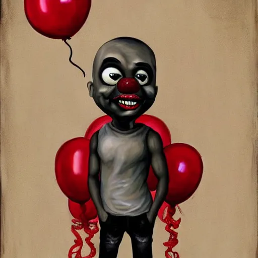 Image similar to grunge painting of kanye with a wide smile and a red balloon by chris leib, loony toons style, pennywise style, corpse bride style, horror theme, detailed, elegant, intricate