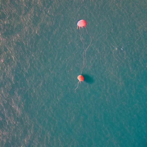 Image similar to aerial expired kodak portra film photograph of flying jellyfish casting shadows on thailand island