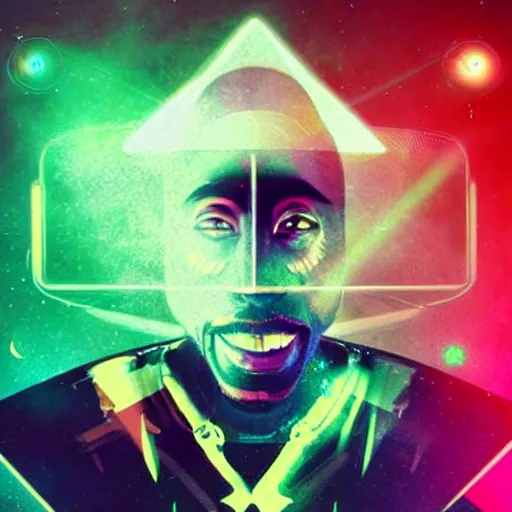 Prompt: giant tupac head shooting lasers from eyes, floating in space, by beeple, art station, perfect lightning, detailed