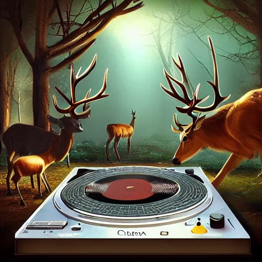 Image similar to “a crowded chukcha rave detailed photo with a deer playing tracks on the turntables in tundra, matte painting”