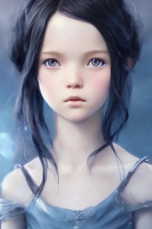 Image similar to beautiful portrait of little girl, black hair, blue eyes by charlie bowater, ross tran, artgerm, and makoto shinkai, detailed, soft lighting, rendered in octane