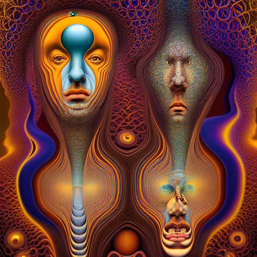 Image similar to 3 d render of infinite fractals of consciousness, recursion, face, surreal, by salvador dali and mc escher and alex grey, oil on canvas, hd, dreams, intricate details, warm colors, octane render