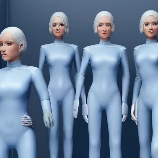 Image similar to troop of cloned older women with white bob hairdos, tight light blue neopren suits, futuristic cloning facility, sci - fi, highly detailed, cinematic