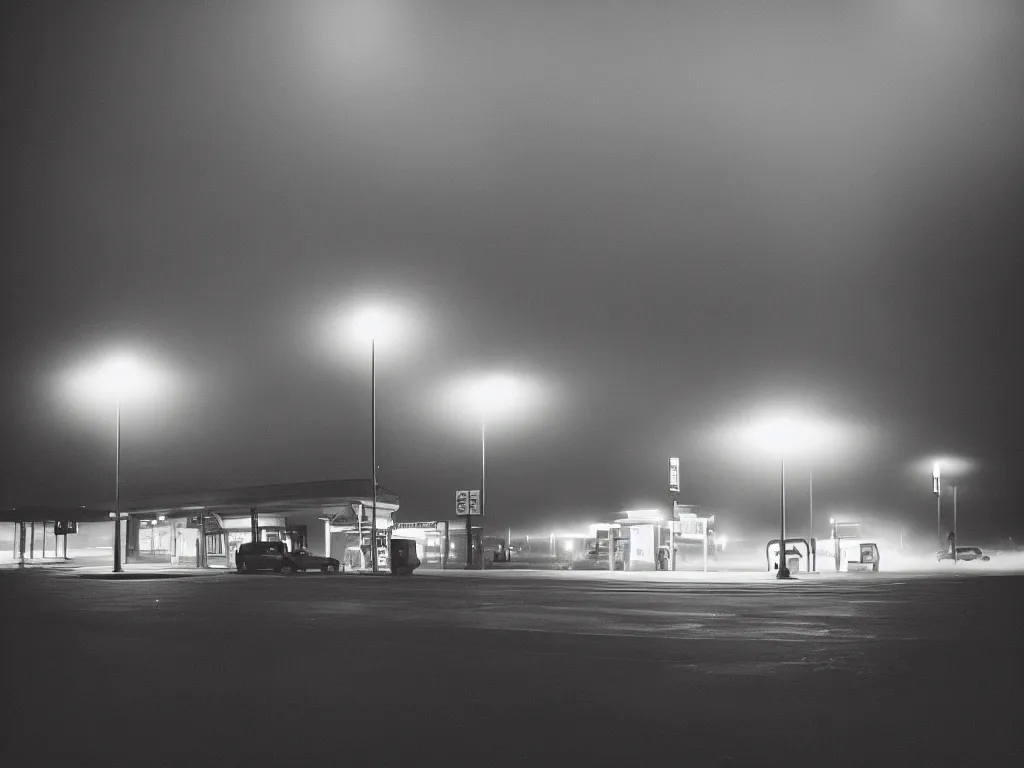 Image similar to “35mm film photography of gas station , fog, night, mood, atmospheric, full colour, digital photography, finished in Lightroom”