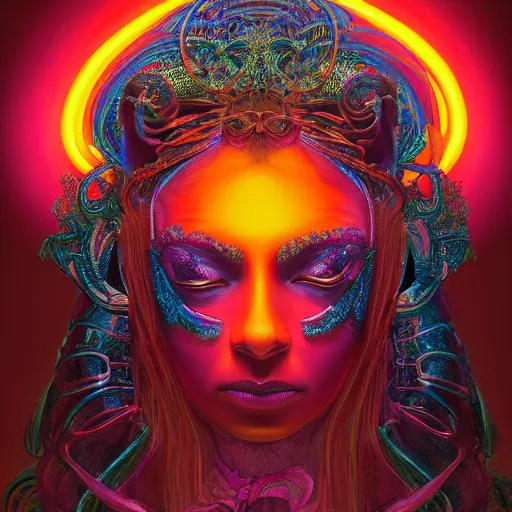 Prompt: deity starring into the camera, fixed eyes, flowing black coat with glowing neon orange trim, inside a museum, colorful, surreal, dramatic lighting, face, detailed, intricate, elegant, highly detailed, digital painting, artstation,, concept art, smooth, sharp focus, illustration, art by sam spratt, dan mumford, artem demura and alphonse mucha