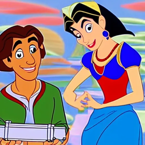 Image similar to aladdin and jasmine in electronics store picking up a flying drone, old 2 d disney artstyle