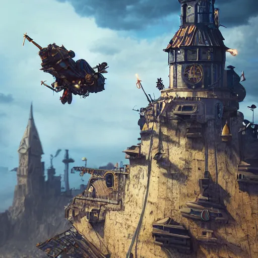 Image similar to a flying steampunk fortress, extremely detailed, behrens style, storm, unreal 5 render, fantasy digital art, octane render, beautiful composition, trending on artstation, award - winning photograph, masterpiece