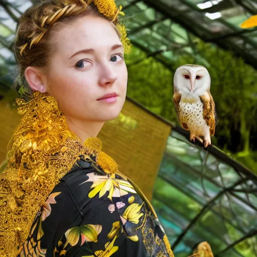 Image similar to portrait photograph of an extremely beautiful!!!! young female , symmetric face!, symmetric round detailed eyes!!, slight smile, natural light, wearing a yellow kimono!! with a very detailed barn owl! on her shoulder in a tropical greenhouse. looking at the camera!!. golden crown made of golden leaves. super resolution. Extremely detailed. Graflex camera!, bokeh!!!!! trending on artstation.