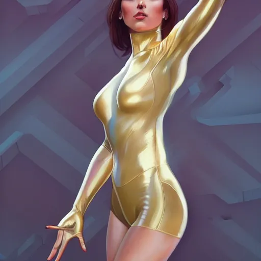 Image similar to full body portrait of addison rae wearing a skintight suit, large thighs, intricate, elegant, highly detailed, digital painting, artstation, smooth, sharp focus, illustration, art by artgerm and greg rutkowski and alphonse mucha, 8 k