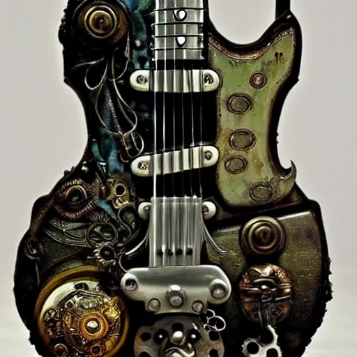 Prompt: photo of an eccentric steampunk electric guitar with ornaments, ultra realistic, vapor tubes, clock, mucha, art deco, art nouveau, neo goth, goth, cyberpunk