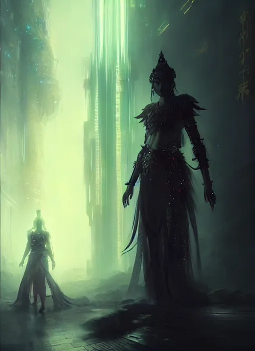 Prompt: a beautiful asian princess, intricate concept art, ethereal, ominous, dramatic lighting, cyberpunk darksynth, ruan jia and zeronis and wlop