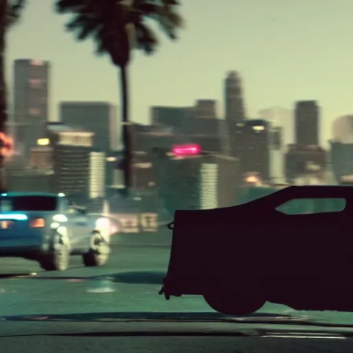 Image similar to film still of 'Los Angeles Robot Future' (2045). Car chase scene. Sigma 85mm f/8