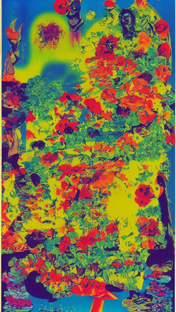 Image similar to gui for a program where an angel brings u flowerz in tha pouring rain, mixed media, by tadanori yokoo