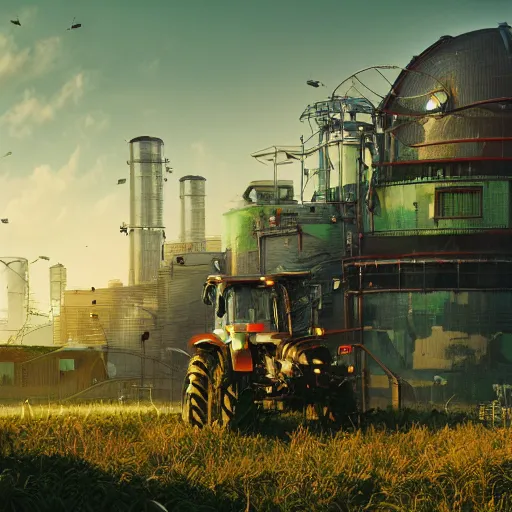 Image similar to fully detailed landscape of a cyberpunk farm , watertank, futuristic tractors, farmhouse, mushroom, overgrowth, Ai , cinematic lightening, in the future, high quality, 8k , octane render, trending on artstation , greg rutowski