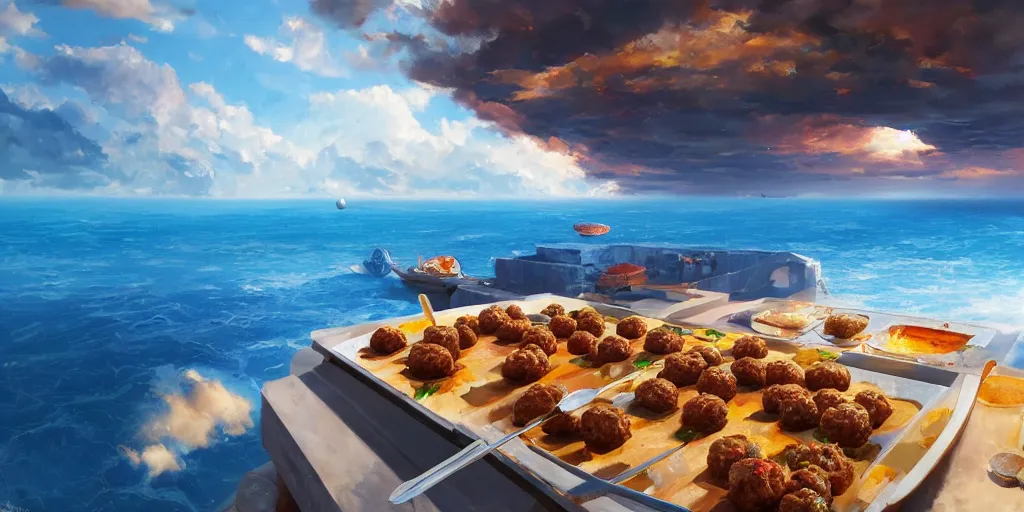 Image similar to Floating paellas and meatballs over a blue ocean, Darek Zabrocki, Karlkka, Jayison Devadas, Phuoc Quan, trending on Artstation, 8K, ultra wide angle, pincushion lens effect.