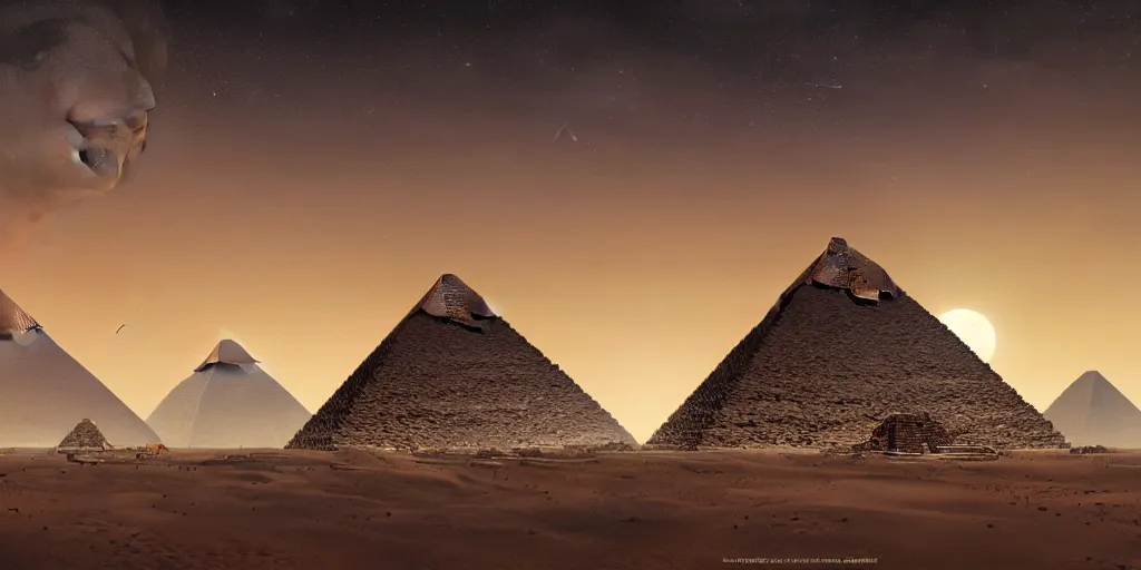 Prompt: meteorite impact the pyramids, greg rutkowski, 8 k, shallow depth of field, full moon, ultra high detail, concept art,