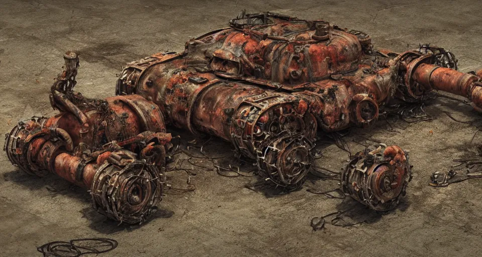 Image similar to Techno-biological rusty tank consisting of tumors, meat, veins, bones, guts, kidneys, wires. Double cannon. Biopunk, body-horror, high detail, photorealism, full length view, very rust, concept art, octane render, 16k, 8k