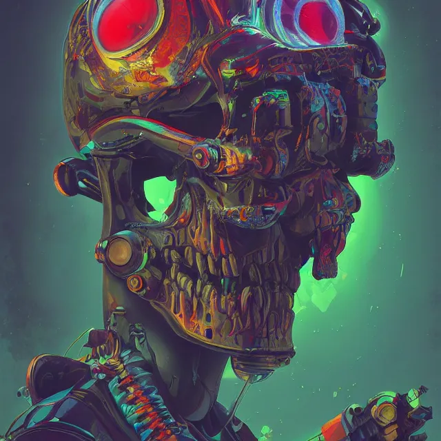 Prompt: a beautiful painting of a ( cyberpunk ) skull by simon stalenhag! and pascal blanche and alphonse mucha and nekro!. in style of digital art. colorful comic, film noirs!, symmetry, hyper detailed. octane render. trending on artstation