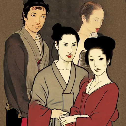 Image similar to cast of firefly, digital art, utamaro kitagawa mixed with banksy style