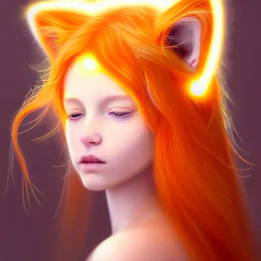 Prompt: Portrait of a girl angel with pale orange colored frizzy strands of illuminated hair, cat ears on her head, glowing halo, Lion's Mane, Lion's Gate, 8/8, fantasy, intricate, elegant, highly detailed, digital painting, artstation, concept art, smooth, sharp focus, illustration, art by Krenz Cushart and Artem Demura and alphonse mucha