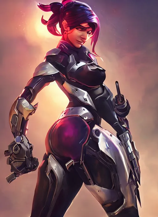 Image similar to poster!! ( overwatch ) beautiful new female character for overwatch, character concept art, action pose, full body armor, steel plating, huge weapon, super powers, athletic, long red hair, symmetry, intricate design, shiny, highly detailed, hd, dramatic lighting, art by artgerm and greg rutkowski