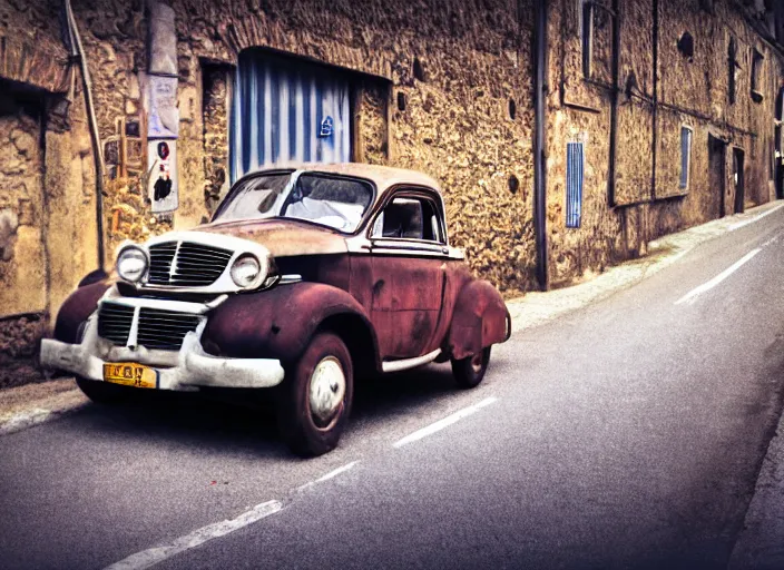 Image similar to an ugly old car driving in a narrow road, award winning photo, 4 k, photolab, polaroid photo