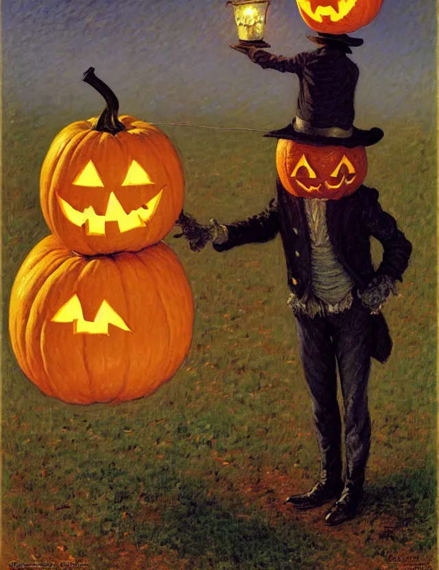 Image similar to a scarecrow with a jack - o - lantern head, holding a lantern, as a matte oil painting and d & d character art, by gustave caillebotte, standing, fullbody, flying bats, loose pages, concept art, award - winning, extremely detailed, sharp focus