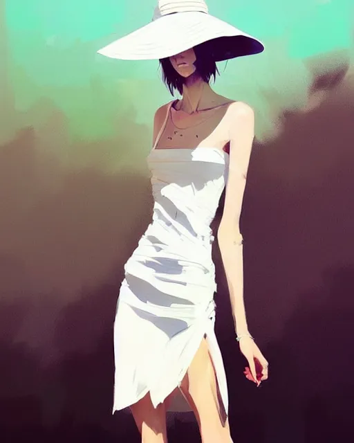 Image similar to a ultradetailed beautiful painting of a stylish woman wearing a white dress with a sun hat, by conrad roset, greg rutkowski and makoto shinkai trending on artstation