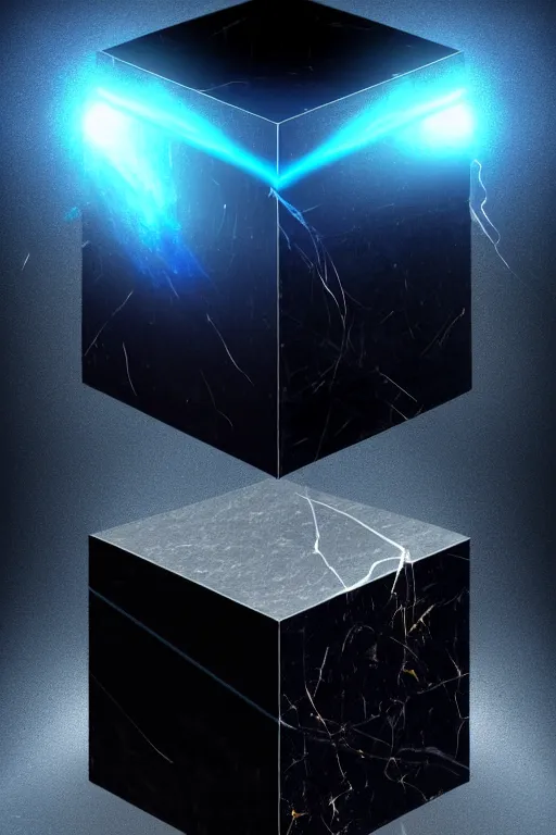 Prompt: big black marble cube, levitating. vertical blue beam of light, flux. fantasy, digital painting, hd, detailed.