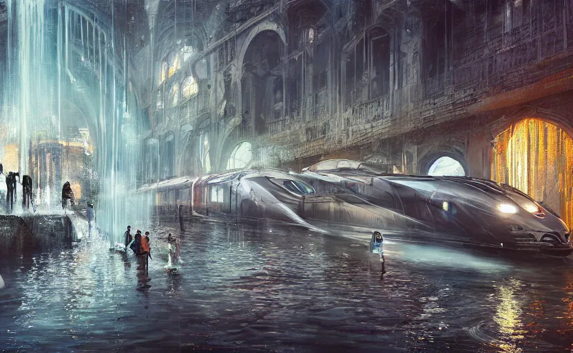 Image similar to An urban train rides inside of a waterway on a fantasy city, next to a fountain and a mystical palace, waterfall, intricate, elegant, volumetric lighting, digital painting, highly detailed, artstation, sharp focus, illustration, concept art, ruan jia, steve mccurry