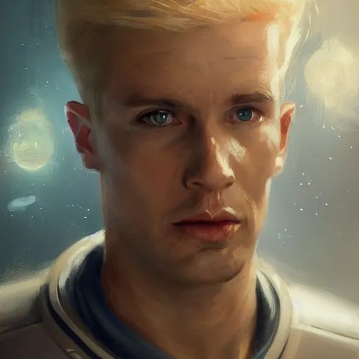 Prompt: portrait of a man with shocked expression by greg rutkowski, he is about 3 0 years old, short blond hair, athletic and strong, straight jaw, wearing futuristic space gear, highly detailed portrait, digital painting, artstation, concept art, smooth, sharp foccus ilustration, artstation hq.