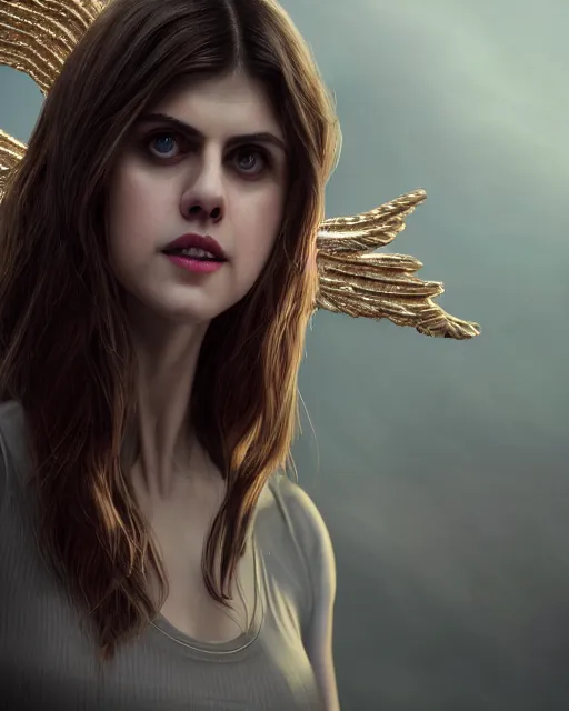 Image similar to Fullbody potrait of Alexandra Daddario as an angel, hyper realistic, prismatic highlights, atmosphere, gorgeous, depth of field, cinematic, macro, concept art, 50mm, artstation, wlop, elegant, epic, weta digital, focus, octane render, v-ray, 8k, kodak portra, art by Liberatore