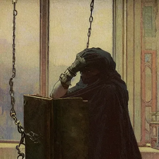 Prompt: half portait of magican wearing a closed cowl holding a big old book! with chains on his wrist, jeremy mann, jean leon gerome, alphonse mucha, greg rutkowski, hood covers his eyes, ( ( ruins of ancient rome ) ), at dusk, mysterious atmosphere, sunrays, dof, masterpiece, high detailed, 8 k