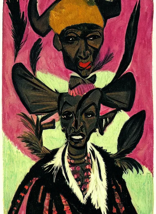 Prompt: an portrait of a voodoo shaman by Ernst Ludwig Kirchner, symbolist, soft colors, dramatic lighting, smooth, sharp focus, extremely detailed, made of feathers, aesthetically pleasing composition