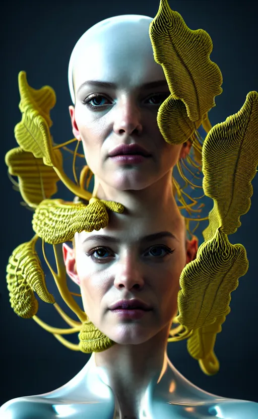 Prompt: intricate hyper detailed ultra sharp 3 d render of a beautiful smooth porcelain seductive cyborg woman portrait, medium shot portrait, bright light, alexandre ferra mecha, yellow deeply cyberpunk art nouveau haute couture huge fractal white mycelum and fungi head ornaments, big embroidered leaves filigree spreaded roots, octane render, volumetric cinematic lighting, 8 k, vray tracing
