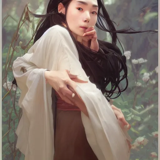 Image similar to Xie Lian didn't know wether to laugh or cry, highly detailed, sharp focus, ethereal, intricate, artstation, digital painting, by artgerm and greg rutkowski and alphonse mucha